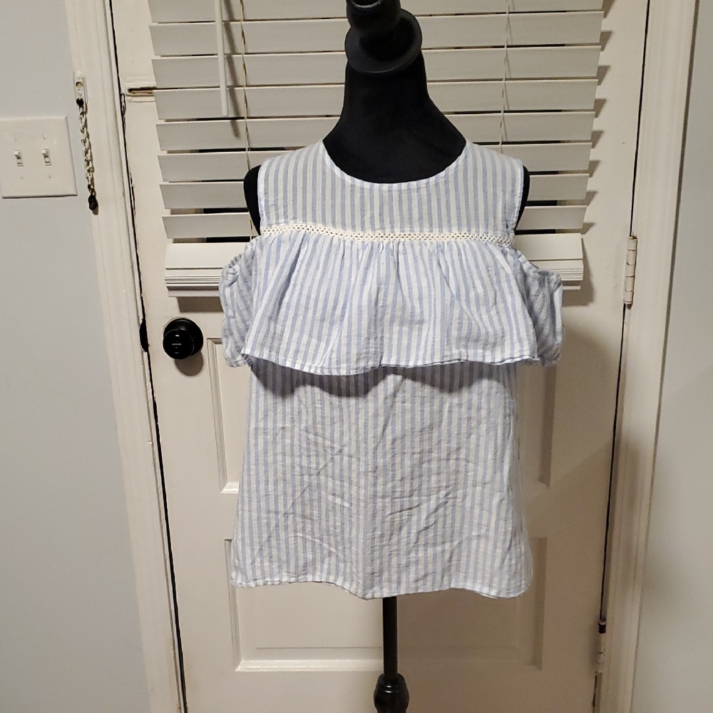 B Design Blue Striped Ruffle Tank Top Off The Shoulder